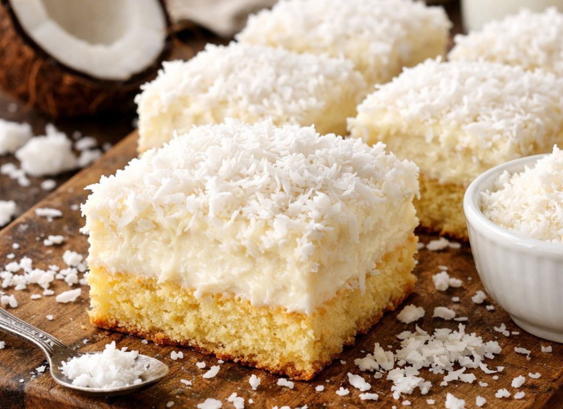 prikaz kolača sa kokosom na dasci sa kokosom u pozadini